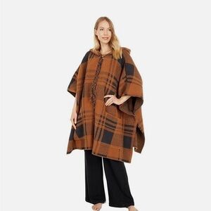 Barefoot Dreams Womens One Size Brown CozyChic Hooded Plaid Poncho Fringe EUC